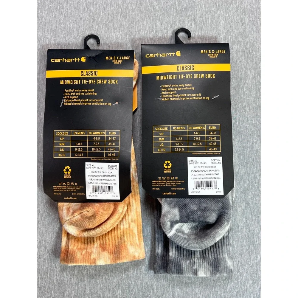 Carhartt Mens XL Tie Dye Crew Socks 2 Pair Khaki Grey Mens 12-14.5 Midweight NWT
